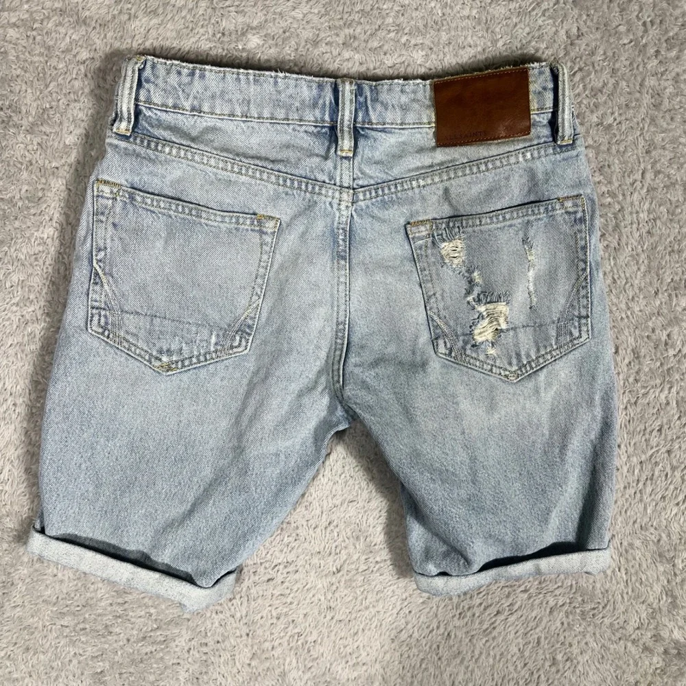 AllSaints Switch Distressed Denim Shorts Light Wash Blue W28 Button Fly Cuffed